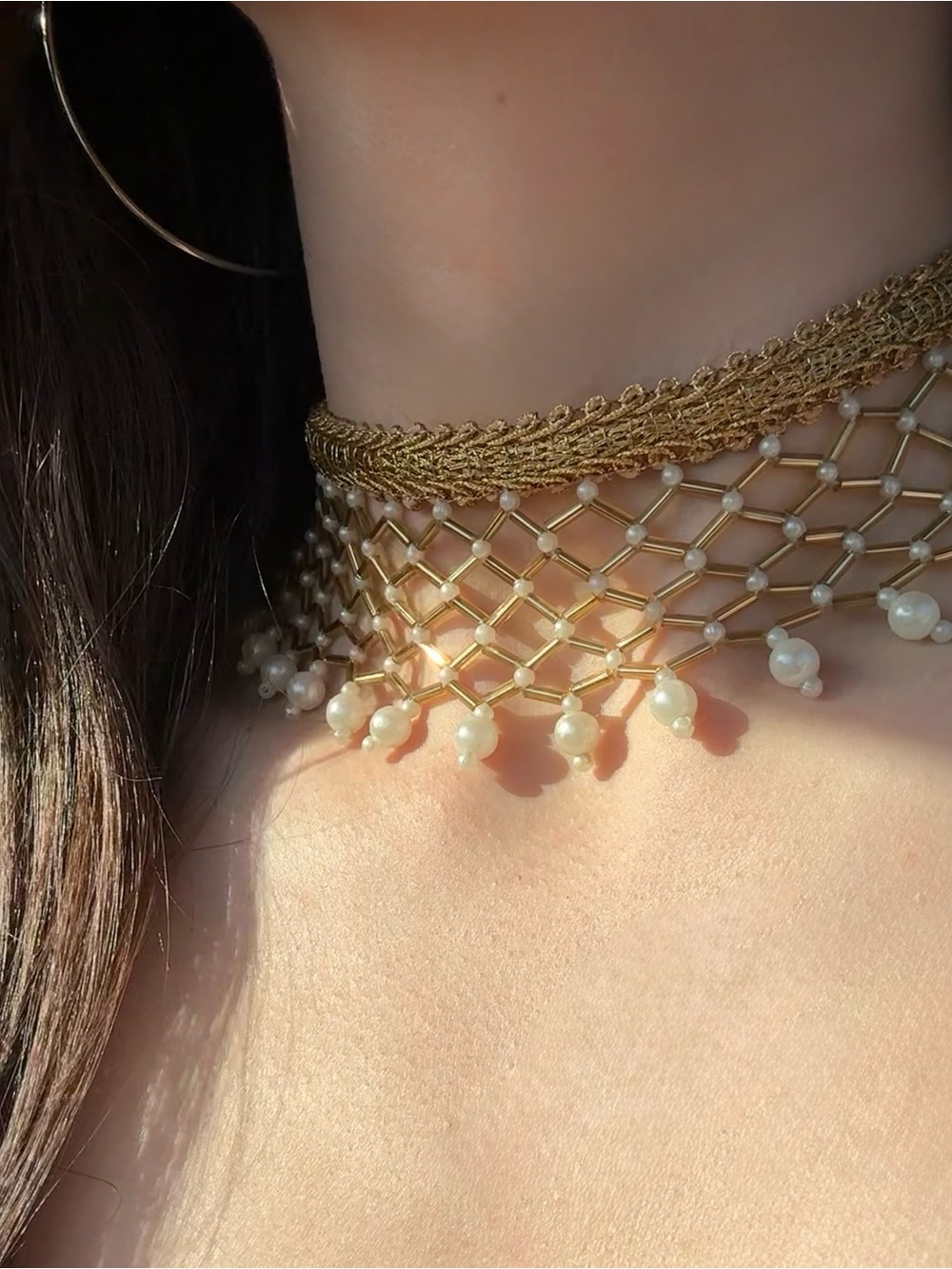 Gold Pearl Lattice Choker Necklace - Elegant Women’s Jewelry
